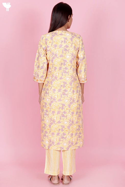 Bizzy Lizzy Kurta Pant Set With Kota Dupatta In Block Print